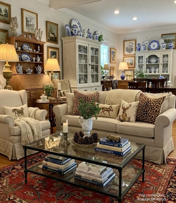 An Eclectic and Charmingly Cluttered Living Space with a Glimpse into the Dining Area