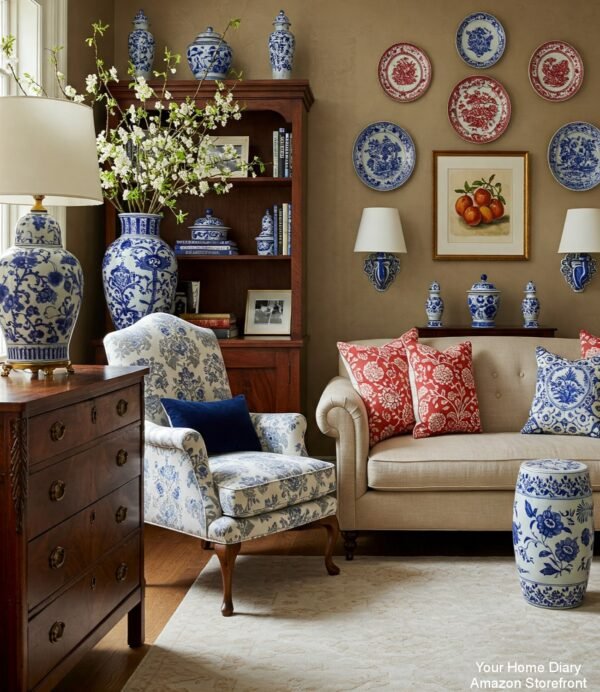 A Blue and White Elegance in a Cozy Living Space