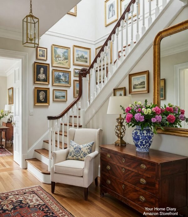A Classic Foyer with a Gallery Wall and Floral Accents
