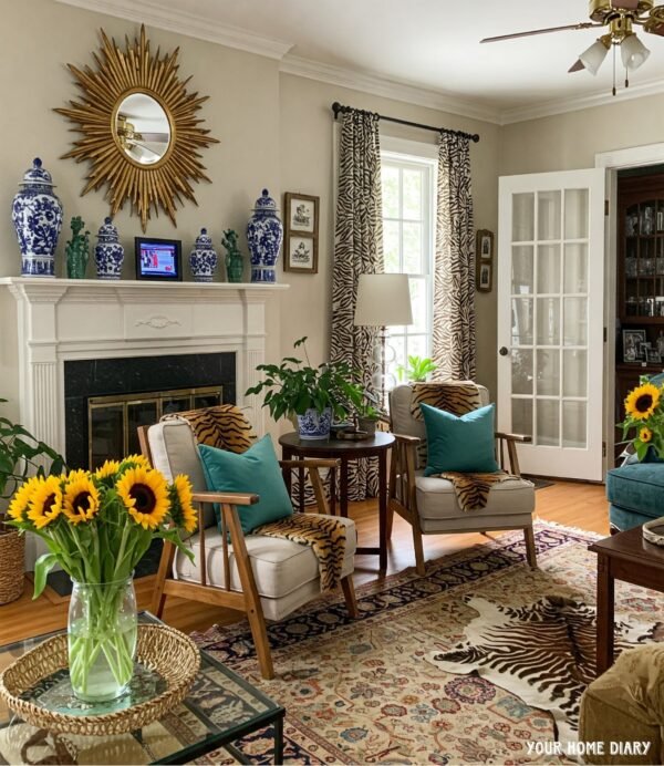 A Cozy and Eclectic Living Room with Sunflowers and Animal Prints