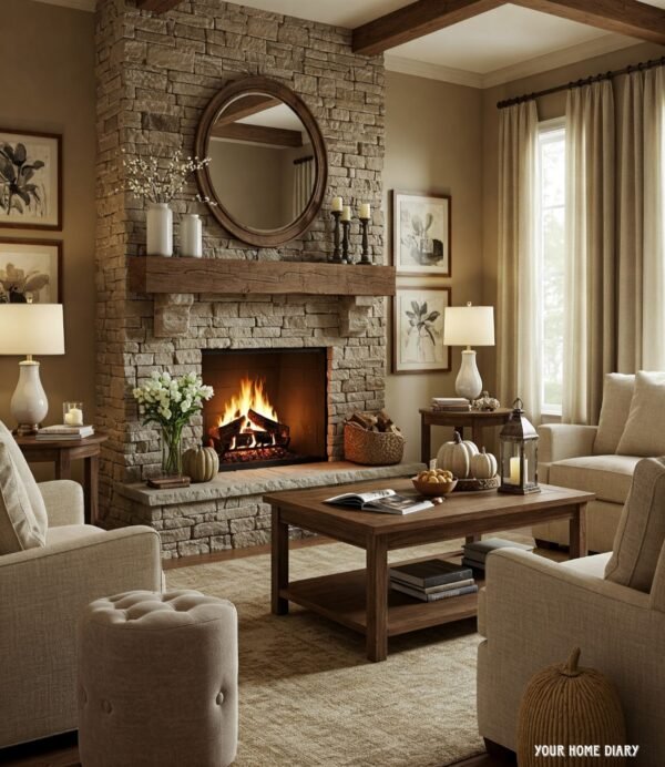 A Warm and Rustic Living Room with a Stone Fireplace