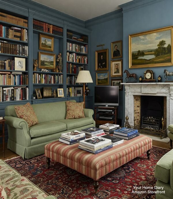 Elegant Blue Library with Fireplace and Ottoman