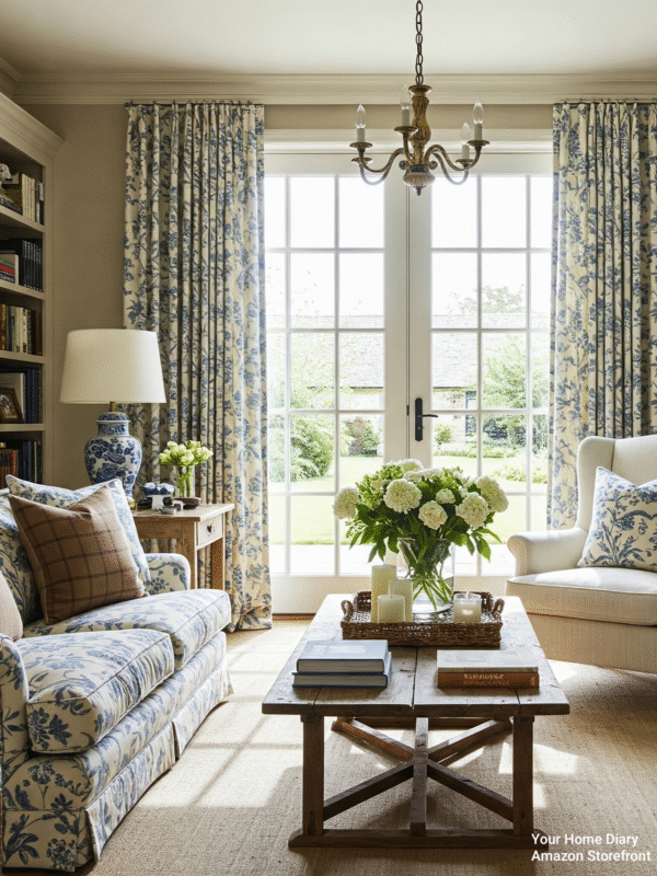Elegant Living Room with Blue and White Floral Sofa and Curtains