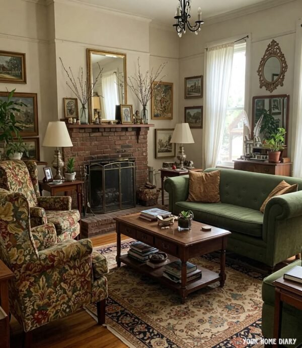 A charming living room with a brick fireplace, floral armchairs, and a green sofa.