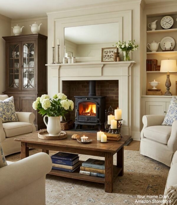 Cozy Living Room with Rustic Coffee Table and Fireplace