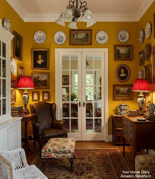 Warm Yellow Sitting Room with Eclectic Art and Furnishings