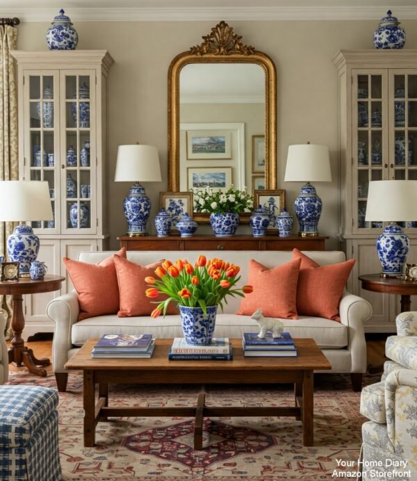 A Cozy Living Room with Blue and White Accents