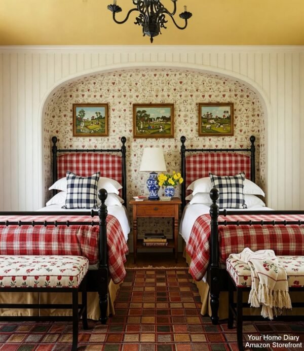 Charming Twin Guest Room with Plaid and Floral Details
