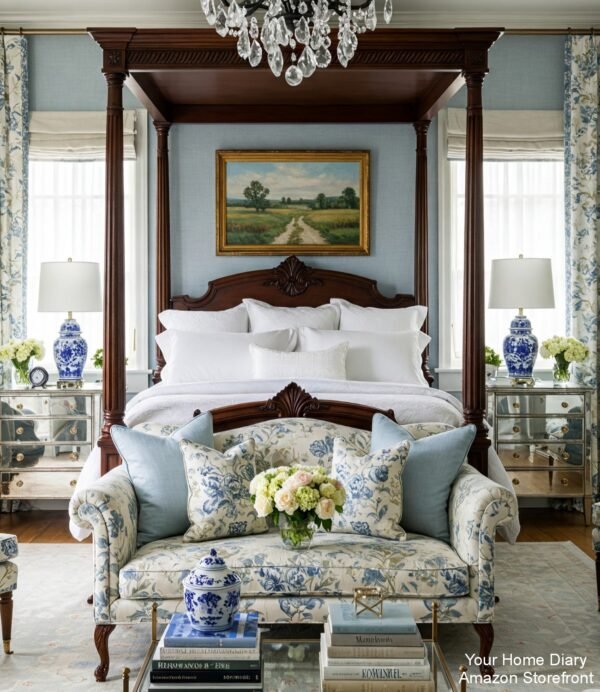 Serene Blue and White Bedroom with Four-Poster Bed