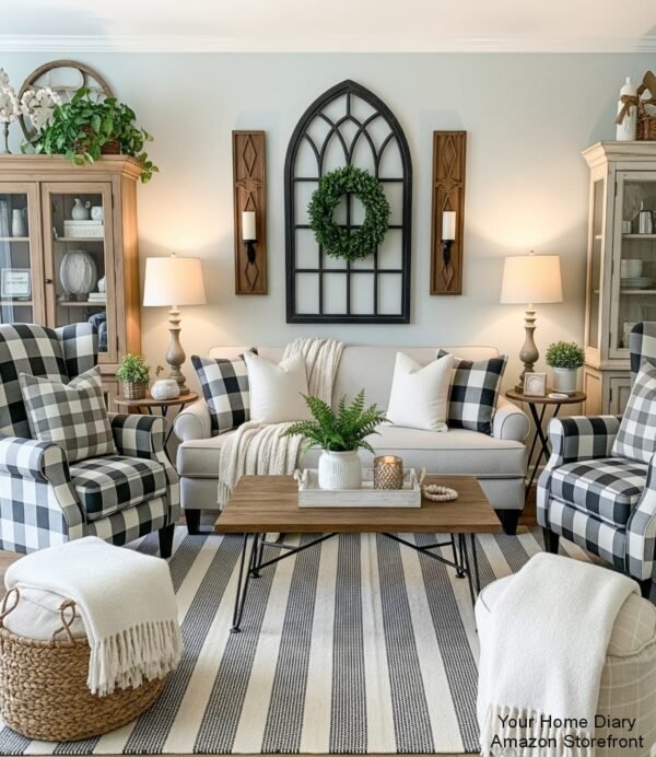 Farmhouse Chic Living Room with Buffalo Check Accents